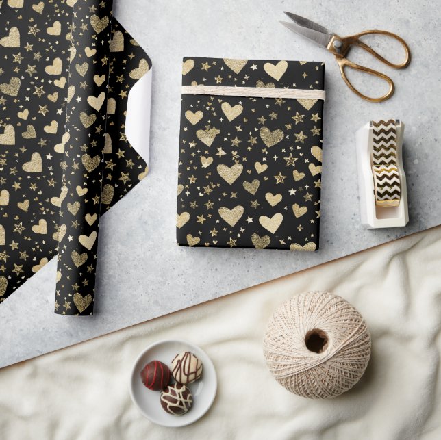Papel De Presente Black With Gold Sparkle Hearts (Artesanato)