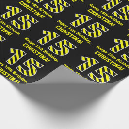 Papel De Presente Black & Yellow Striped "15"; 15 Birthday + Name