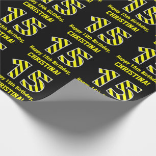 Papel De Presente Black & Yellow Striped "15"; 15 Birthday + Nome