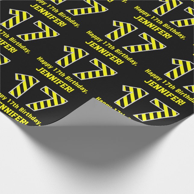 Papel De Presente Black & Yellow Striped "17"; 17th Birthday + Name (Ponta)