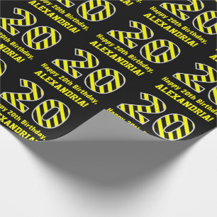 Papel De Presente Black & Yellow Striped "20"; 20 Birthday + Nome