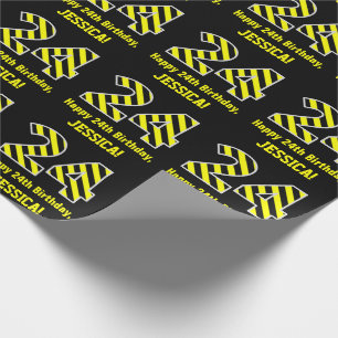 Papel De Presente Black & Yellow Striped "24"; 24. º Aniversário + N