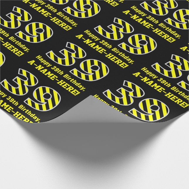 Papel De Presente Black & Yellow Striped "39"; 39º Aniversário + Nom (Ponta)