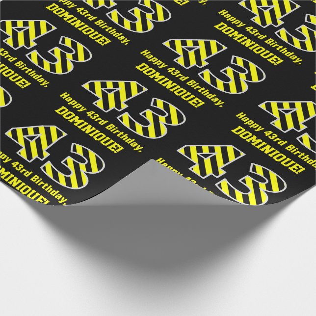 Papel De Presente Black & Yellow Striped "43"; 43rd Birthday + Name (Ponta)