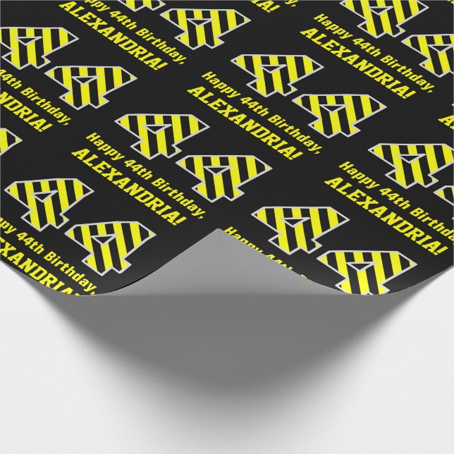 Papel De Presente Black & Yellow Striped "44"; 44 Birthday + Name (Ponta)
