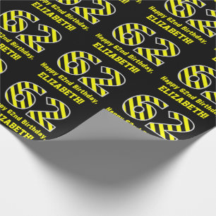Papel De Presente Black & Yellow Striped "62"; 62º Aniversário + Nom