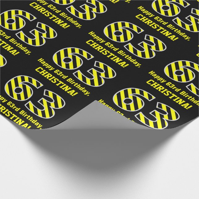 Papel De Presente Black & Yellow Striped "63"; 63rd Birthday + Name (Ponta)