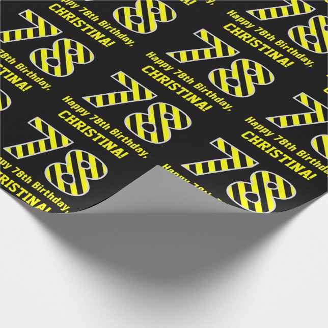 Papel De Presente Black & Yellow Striped "78"; 78. º Aniversário + N (Ponta)