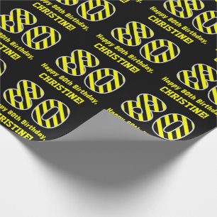 Papel De Presente Black & Yellow Striped "80"; 80 Birthday + Name