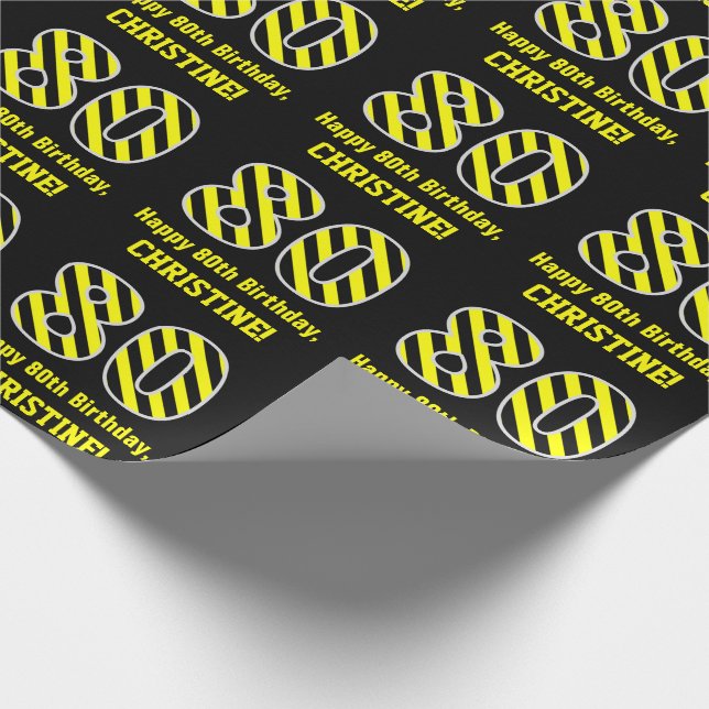 Papel De Presente Black & Yellow Striped "80"; 80 Birthday + Name (Ponta)