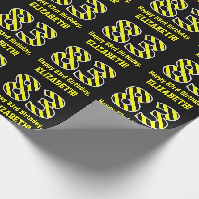 Papel De Presente Black & Yellow Striped "83"; 83rd Birthday + Name (Ponta)