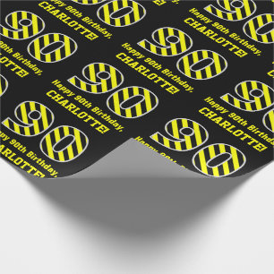 Papel De Presente Black & Yellow Striped "90"; 90 Birthday + Nome