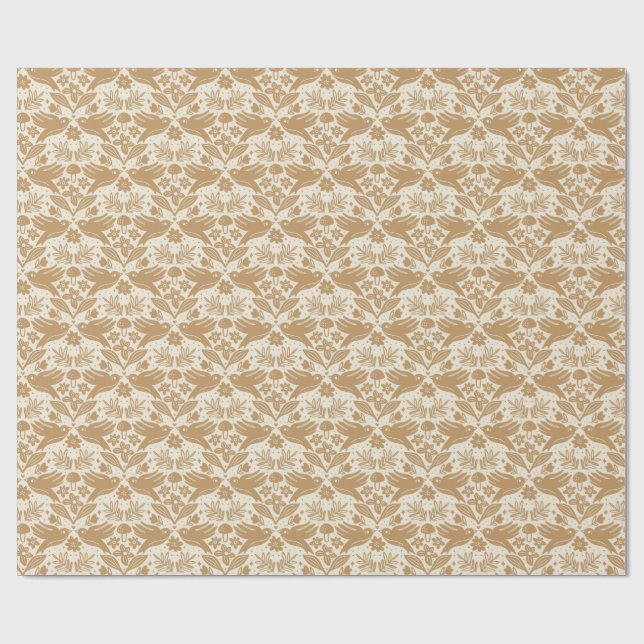 Papel De Presente Block Print Birds with Florals | Beige & Gold Seam (Aberto)