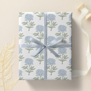 Papel De Presente Bloco de Impressão Floral de Peônia Branco Azul Ve