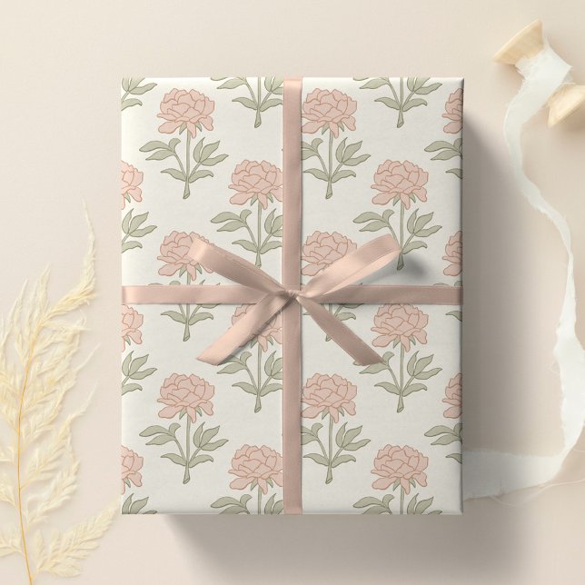 Papel De Presente Bloco de Impressão Floral de Peônia Rosa Suave Vin (Criador carregado)