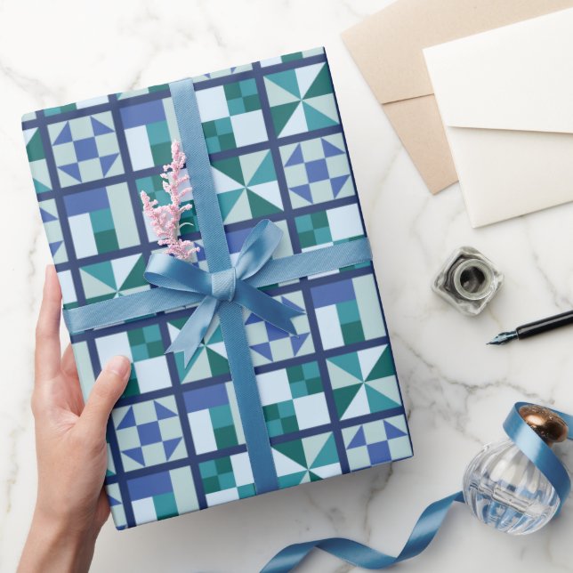 Papel De Presente Blocos de Colcha Tradicionais em Azuis e Verdes (Presentear)