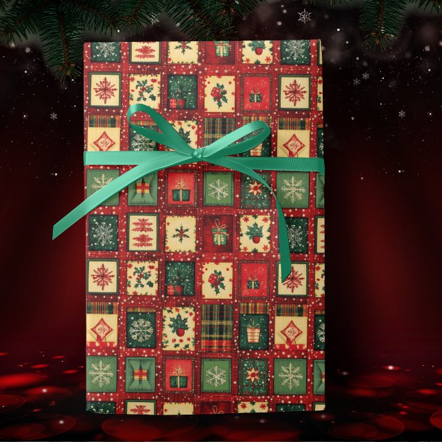 Papel De Presente Blocos de Patchwork Verde Vermelho Natal (Criador carregado)