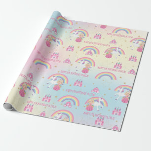 Papel De Presente Blona Princesa Unicorn Arco-Íris Personalizado