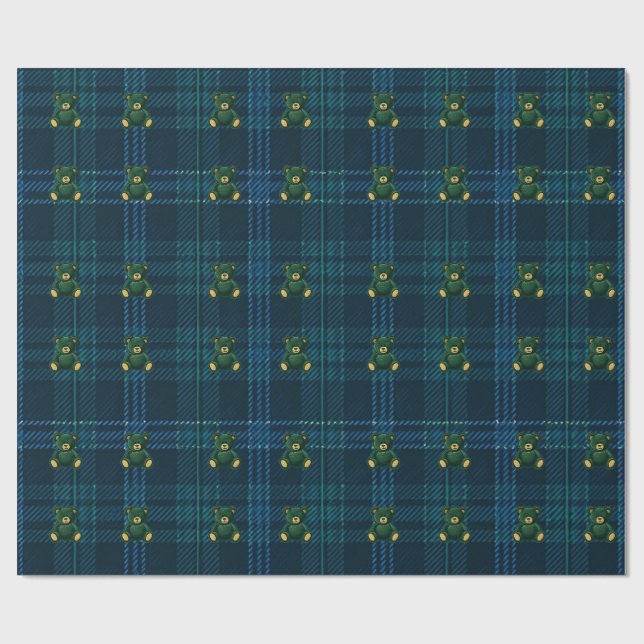 Papel De Presente Blue and Green Plaid Teddy Bear Wrapping Paper (Aberto)