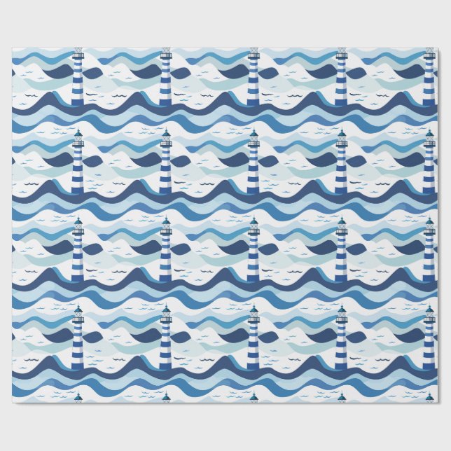 Papel De Presente Blue and White Lighthouse Nautical  (Aberto)
