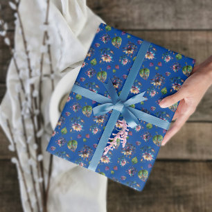 Papel De Presente Blue Art Nouveau Vidro Escondido Flores Columbinas