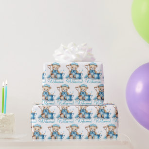 Papel De Presente Blue Baby Welcome Teddy Bear Gift Wrappaper