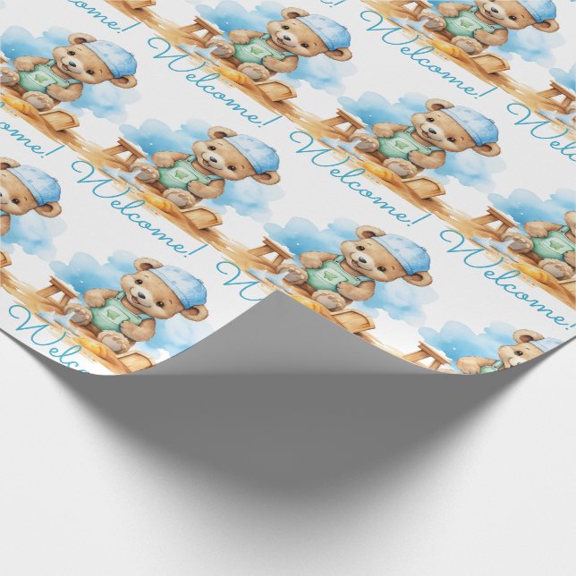 Papel De Presente Blue Baby Welcome Teddy Bear Gift Wrappaper (Ponta)
