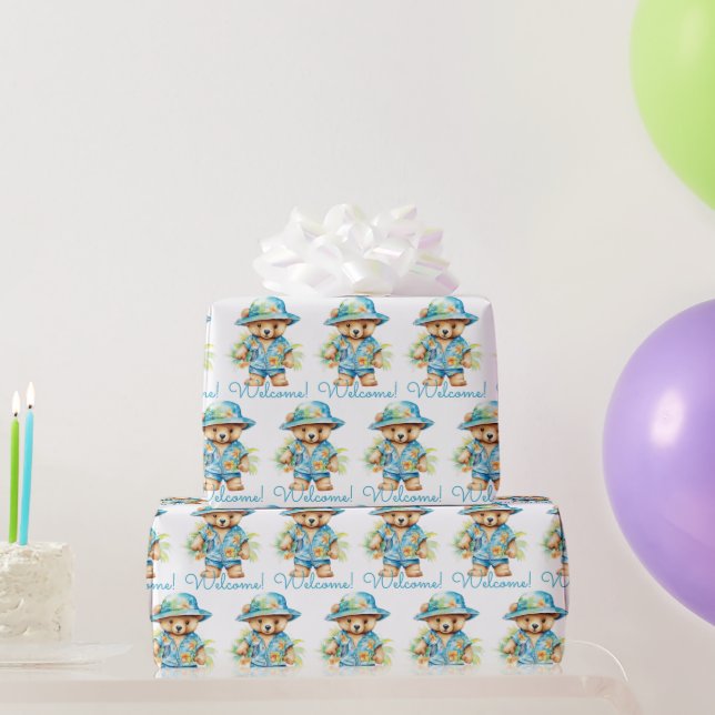 Papel De Presente Blue Baby Welcome Teddy Bear Gift Wrappaper (Presentes para festas)