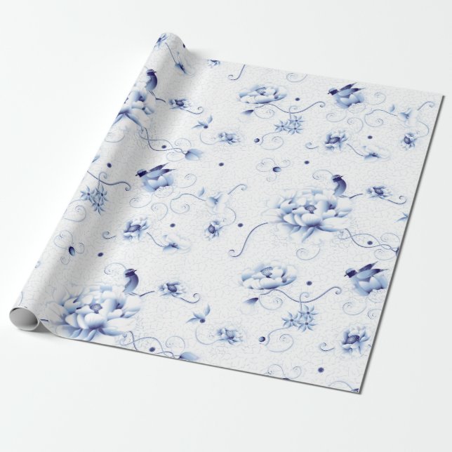 Papel De Presente Blue Bird Rosa Chinoiserie Floral (Desenrolado)