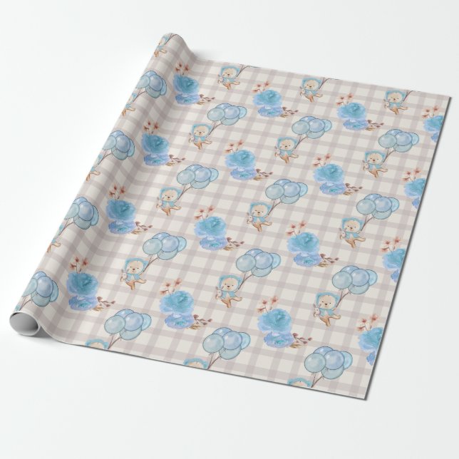 Papel De Presente Blue Boho Bear Balões Gingham Floral (Desenrolado)