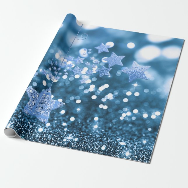 Papel De Presente Blue Bokeh Faux Glitter & Stars (Desenrolado)