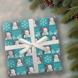 Papel De Presente Blue Bokeh Modern Merry Christmas Photo