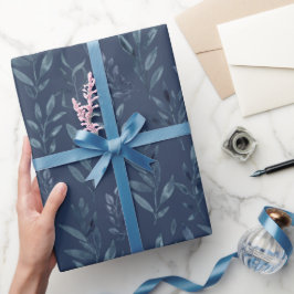 Papel De Presente Blue Botanic Leaves Watercolor