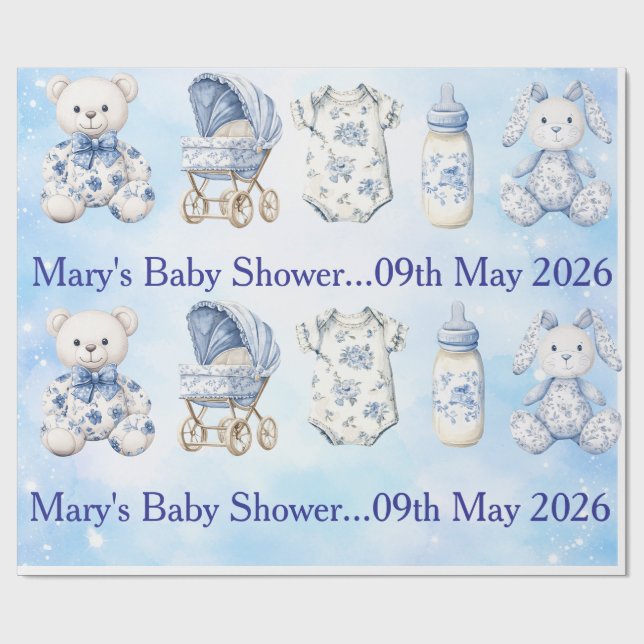 Papel De Presente Blue Chinoiserie Baby Shower Wrapping Paper (Aberto)