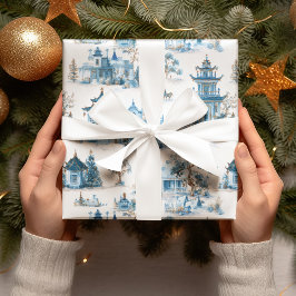 Papel De Presente Blue Chinoiserie Christmas Village Wrapping Paper