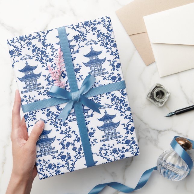 Papel De Presente Blue Chinoiserie Pagodas Toile (Presentear)