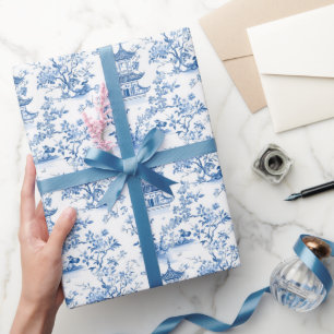 Papel De Presente Blue Chinoiserie Pagodas Toile