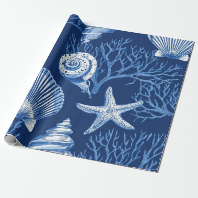 Papel De Presente Blue Coastal Toile Seashell Coral Pattern (2) (Desenrolado)