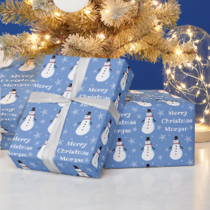 Papel De Presente Blue Cute Snowman Snowflake Nome de Natal Feliz