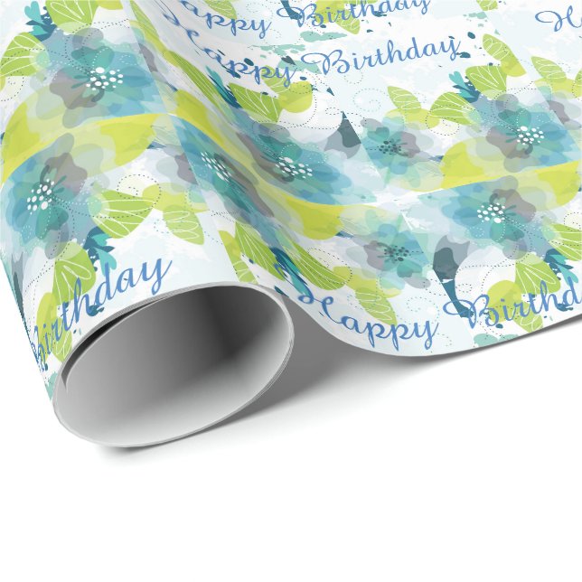 Papel De Presente Blue Floral Happy Birthday Wrap (Ponta do rolo)