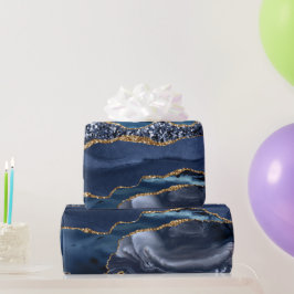 Papel De Presente Blue Gold Brilho Ágata Mármore Chic Moderno