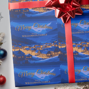 Papel De Presente Blue Gold Custom Inverno Aldeia Natal