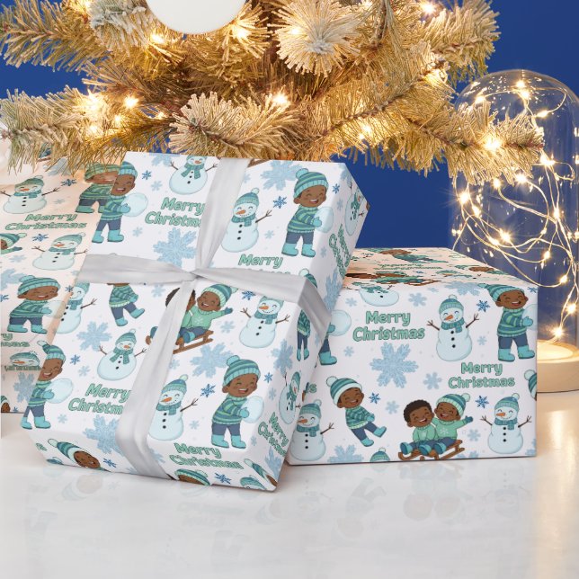 Papel De Presente Blue & Green African American Boys Merry Christmas (Feriados)
