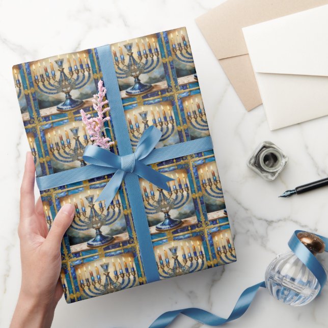 Papel De Presente Blue Hanukkah Menorah (Presentear)