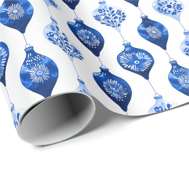 Papel De Presente Blue Holiday Ornament Pattern (Ponta do rolo)