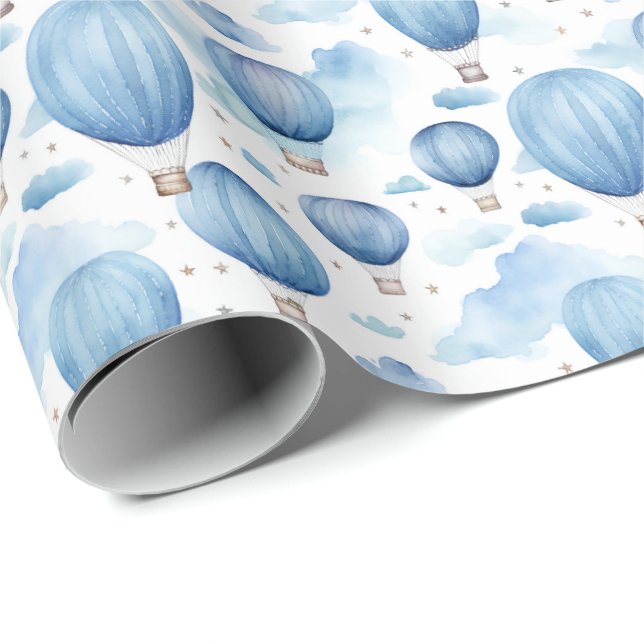 Papel De Presente Blue Hot Air Balloon Sky for Baby Boy Nursery (Ponta do rolo)