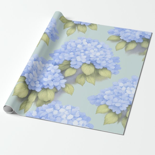 Papel De Presente Blue Hydrangea Floral Wrapping Paper (Desenrolado)