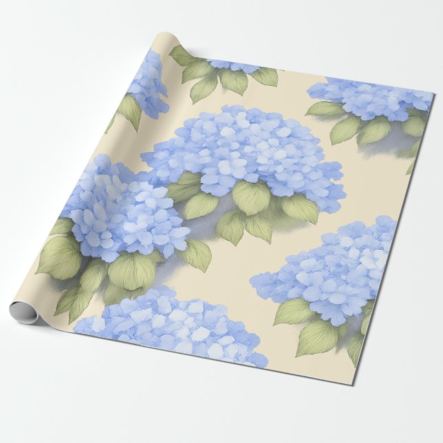 Papel De Presente Blue Hydrangea Floral Wrapping Paper (Desenrolado)