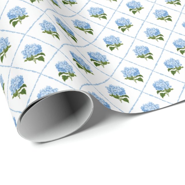 Papel De Presente Blue Hydrangea Grandmillennial (Ponta do rolo)
