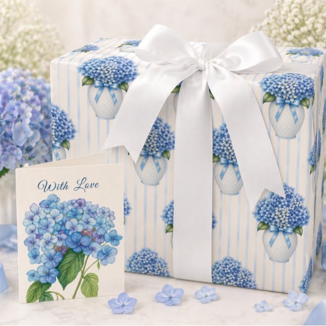 Papel De Presente Blue Hydrangea Vase Coastal Wrapping Paper (Create a beautiful gift with hydrangea wrap and matching card—shop the complete look today)
